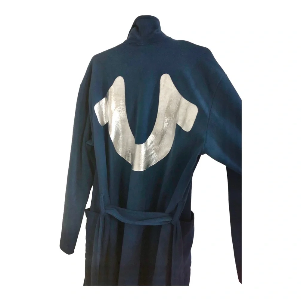 True Religion dark navy blue fleece silver logo lounge bath robe size small new‎